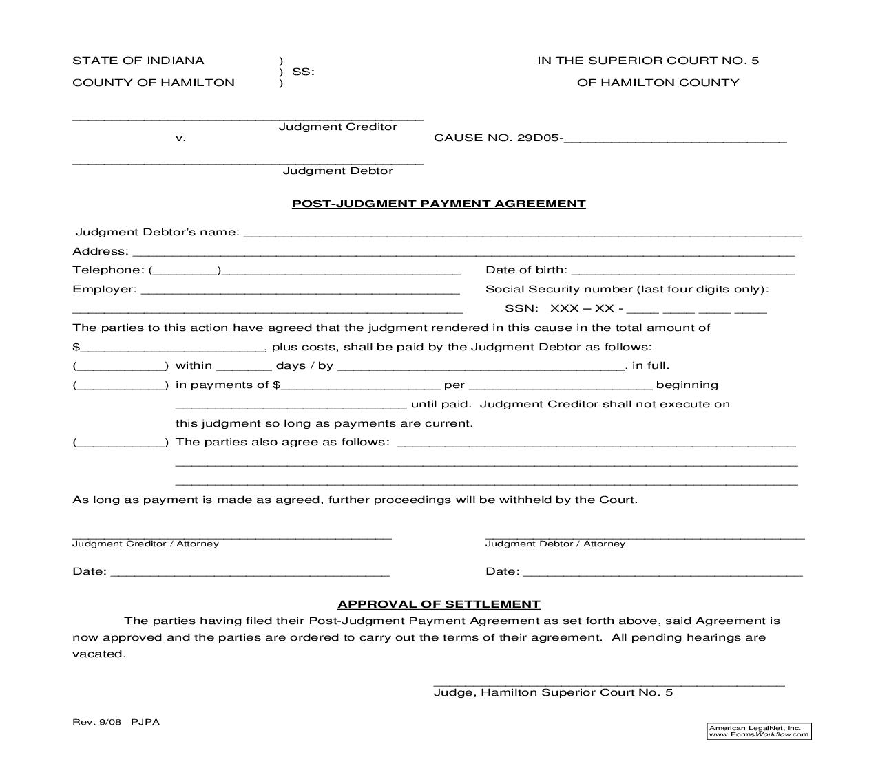 Post Judgment Payment Agreement | Pdf Fpdf Doc Docx | Indiana