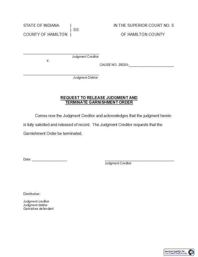 Release Of Judgment And Request To Terminate Garnishment Order | Pdf Fpdf Docx | Indiana