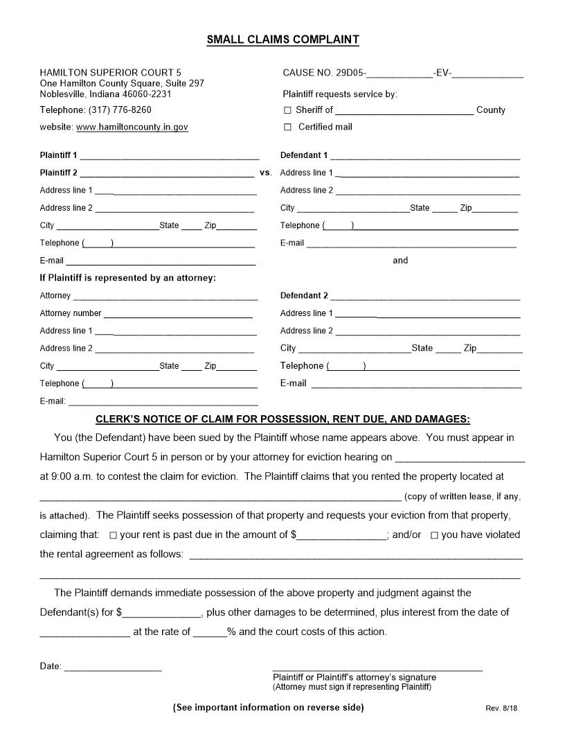 Small Claims Complaint (Eviction) Clerks Notice Possession Rent (Court 5) | Pdf Fpdf Docx | Indiana