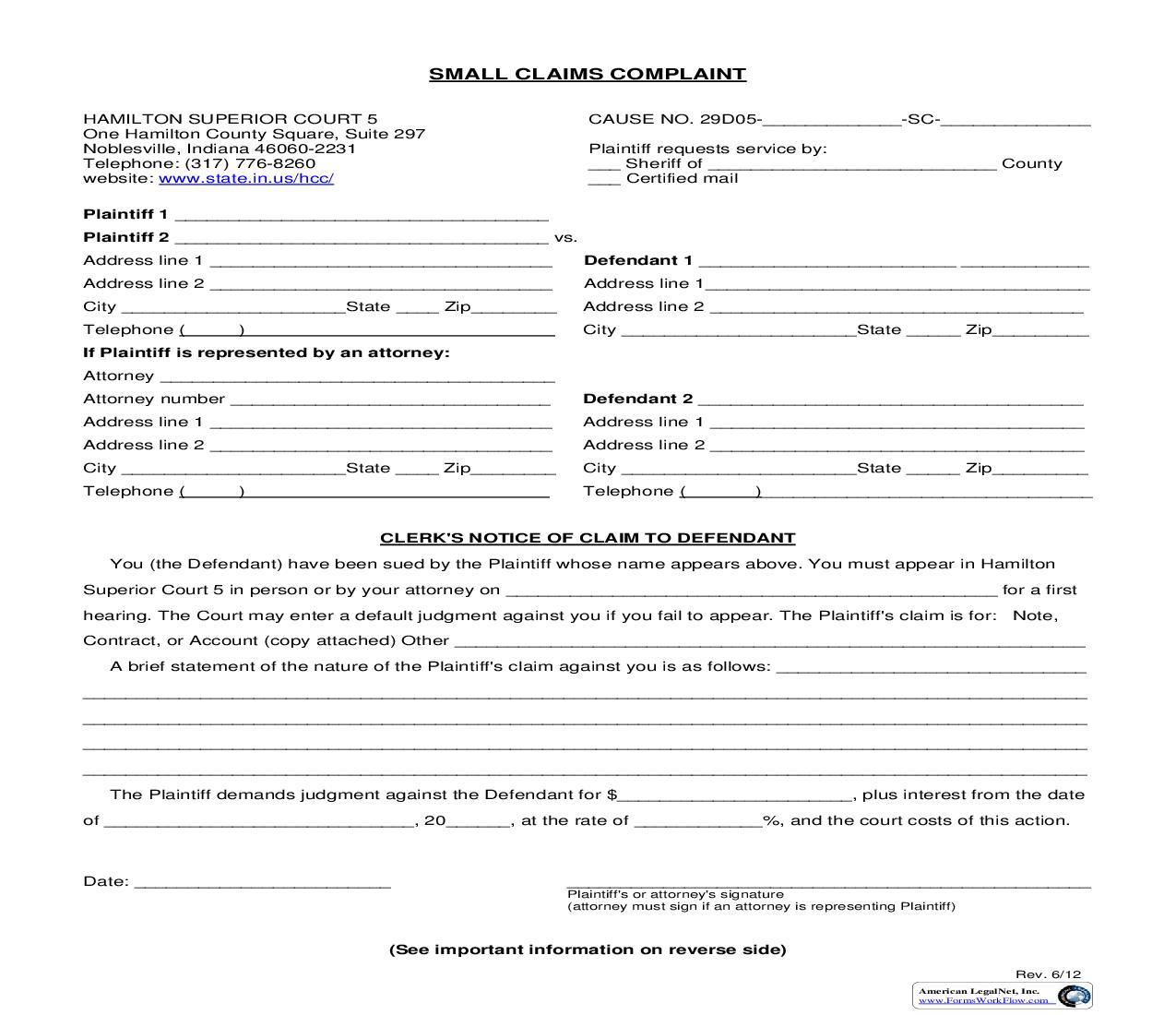 Small Claims Complaint | Pdf Fpdf Doc Docx | Indiana