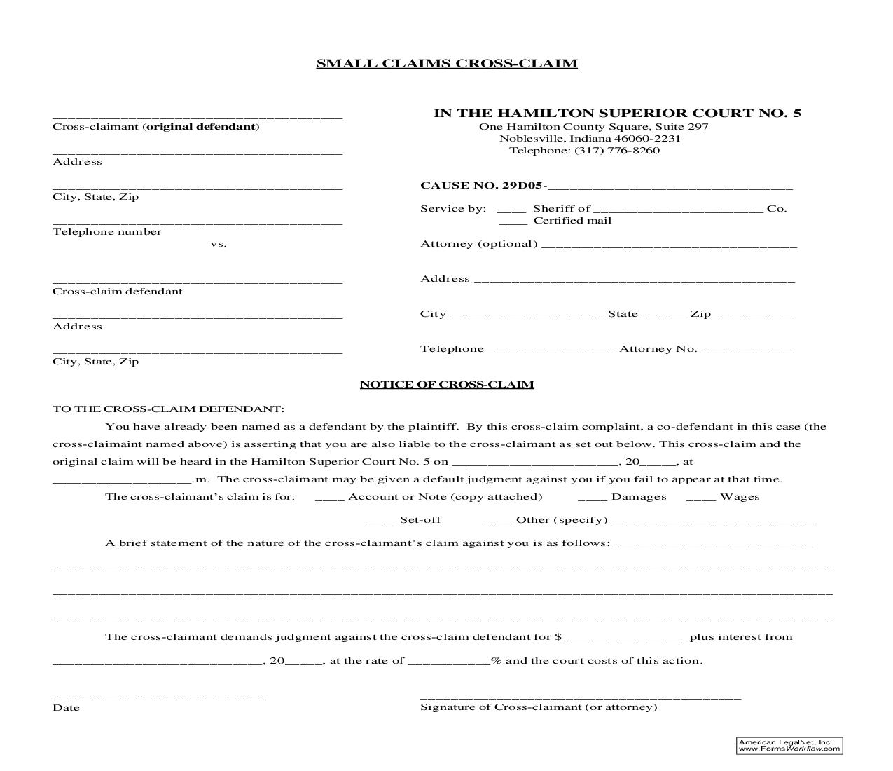 Small Claims Cross Claim | Pdf Fpdf Doc Docx | Indiana