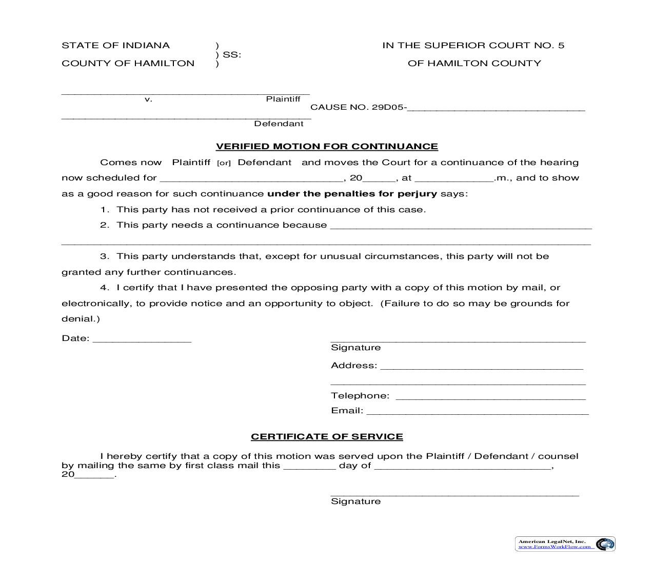 Verified Motion For Continuance | Pdf Fpdf Doc Docx | Indiana