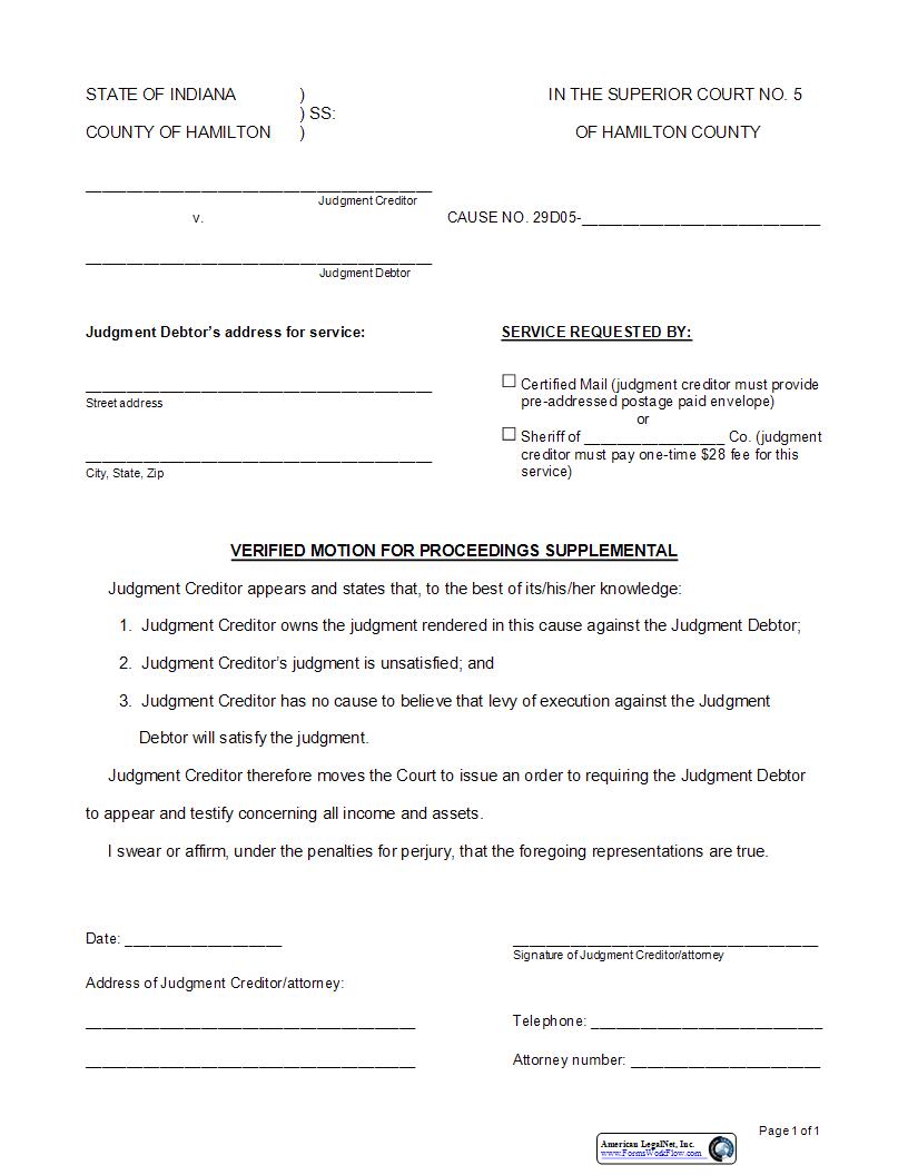 Verified Motion For Proceedings Supplemental - Order To Judgment Debtor | Pdf Fpdf Docx | Indiana