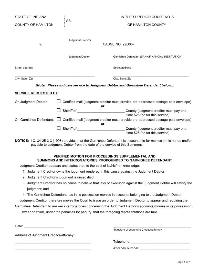 Verified Motion Proceedings Supplemental - Order - Interrogatories To Financial Institution | Pdf Fpdf Docx | Indiana
