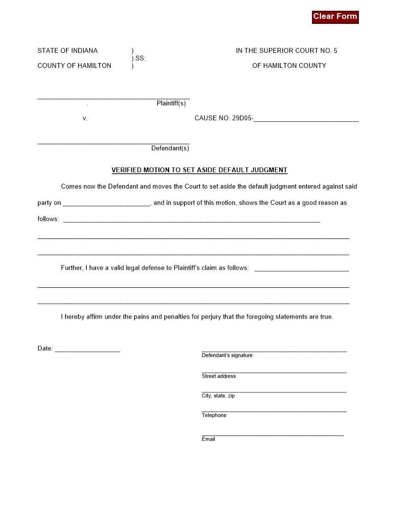 Verified Motion To Set Aside Default Judgment | Pdf Fpdf Doc Docx | Indiana