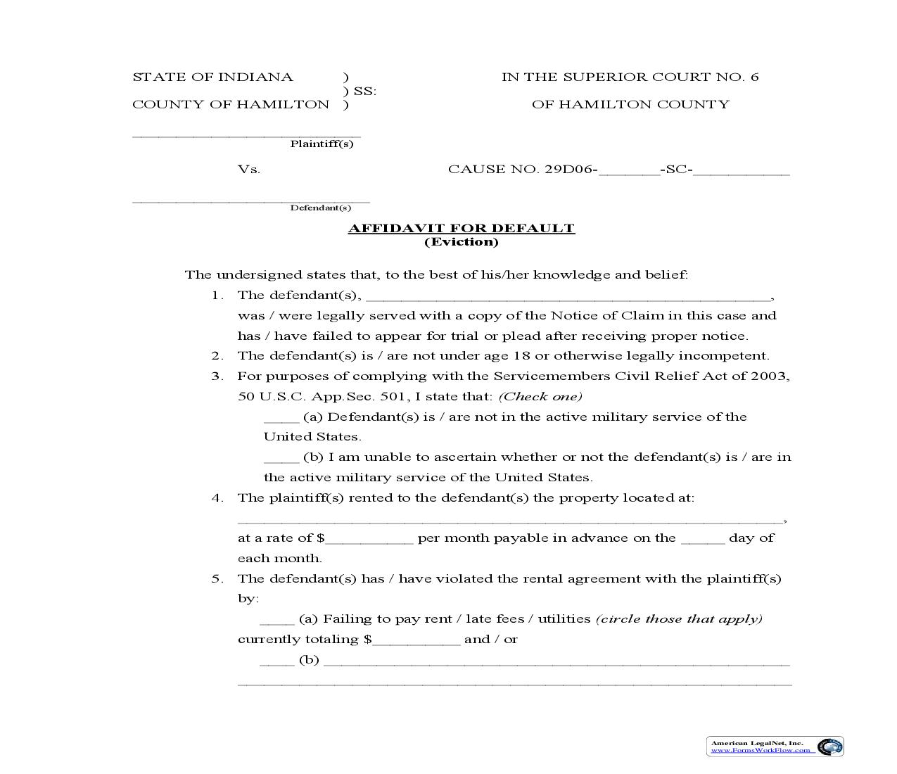 Affidavit For Default Eviction | Pdf Fpdf Doc Docx | Indiana