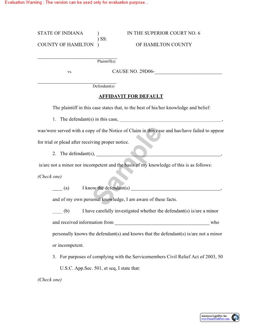 Affidavit For Default | Pdf Fpdf Doc Docx | Indiana