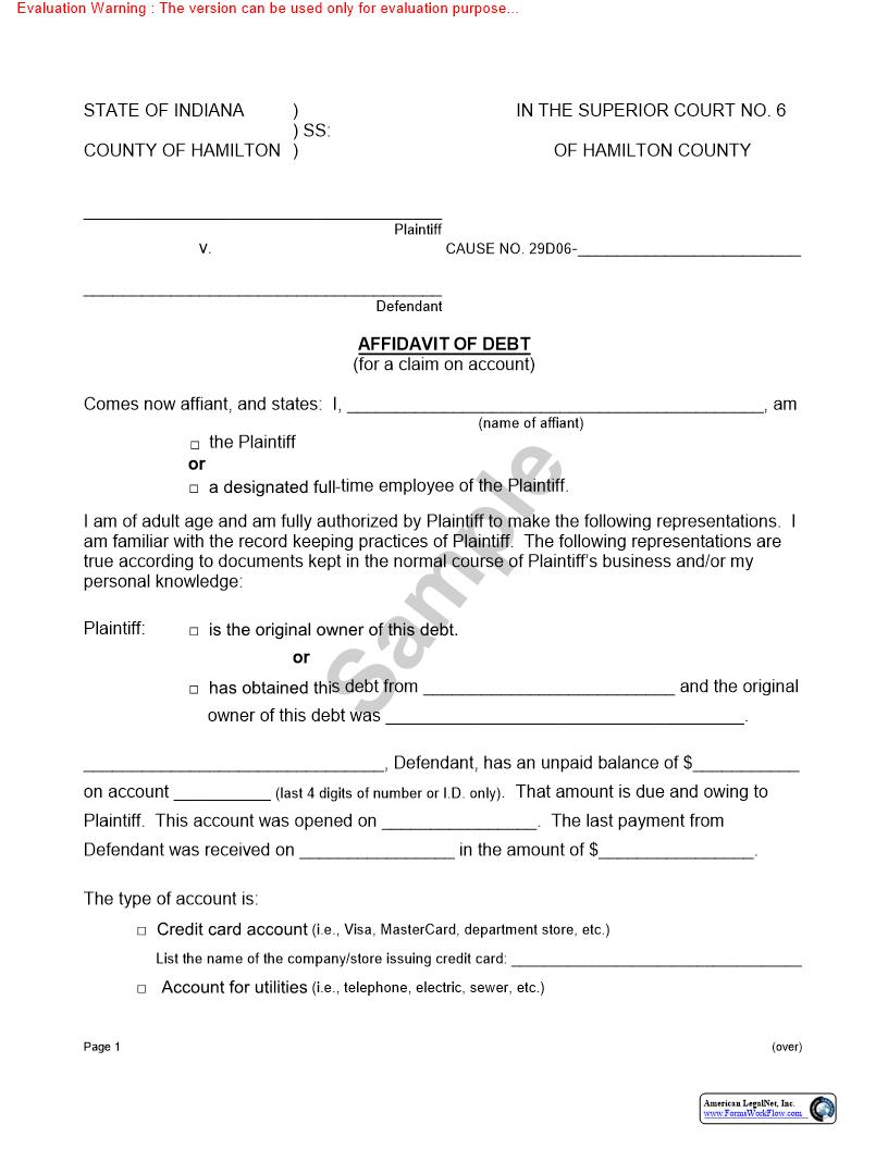 Affidavit Of Debt | Pdf Fpdf Doc Docx | Indiana