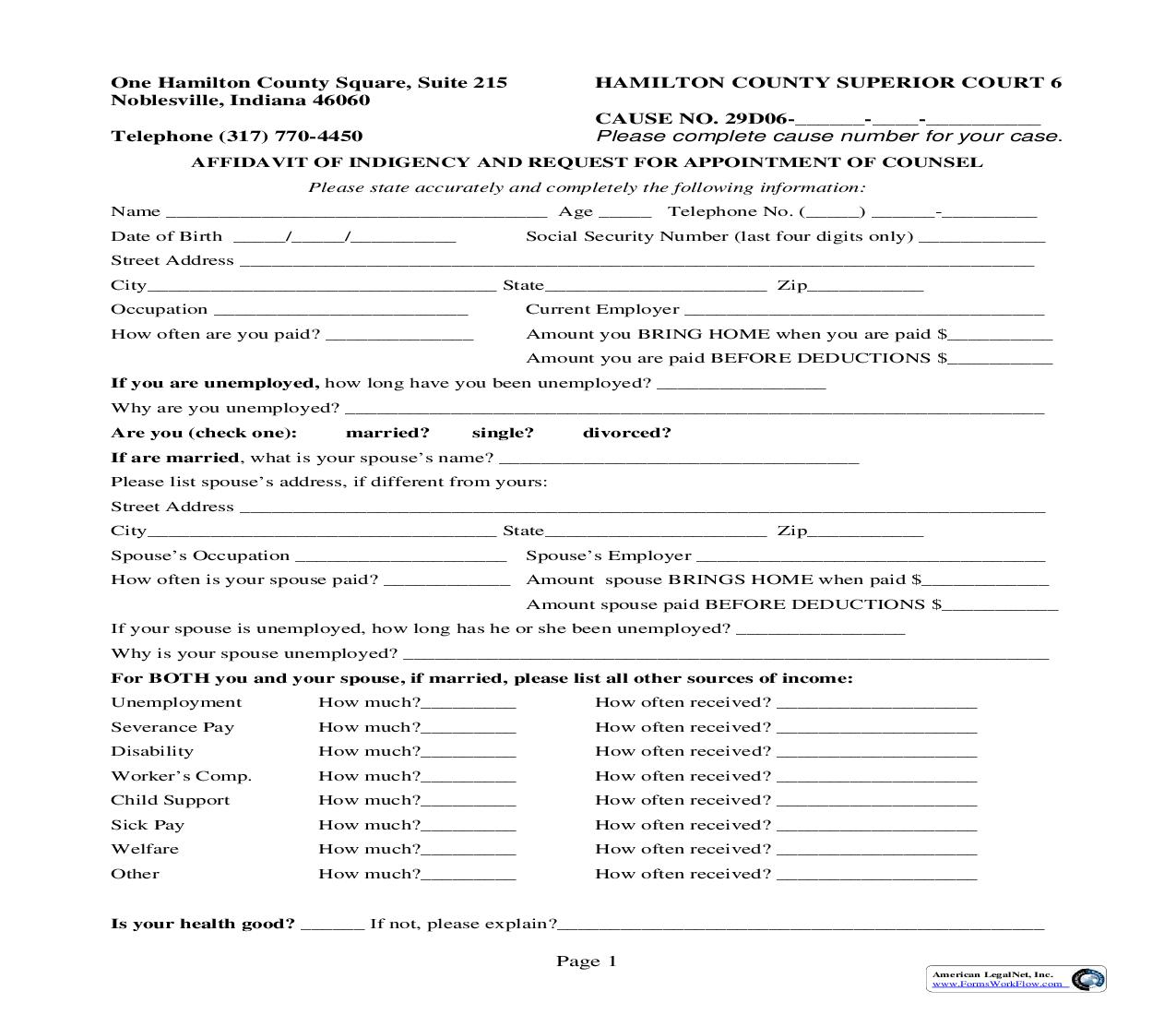 Affidavit Of Indigency And Request For Appointment Of Counsel | Pdf Fpdf Doc Docx | Indiana