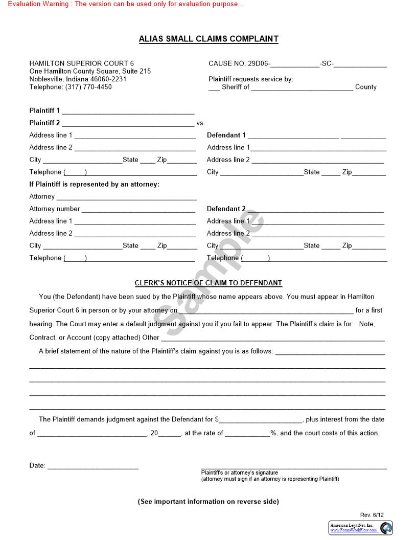 Alias Small Claims Complaint | Pdf Fpdf Doc Docx | Indiana