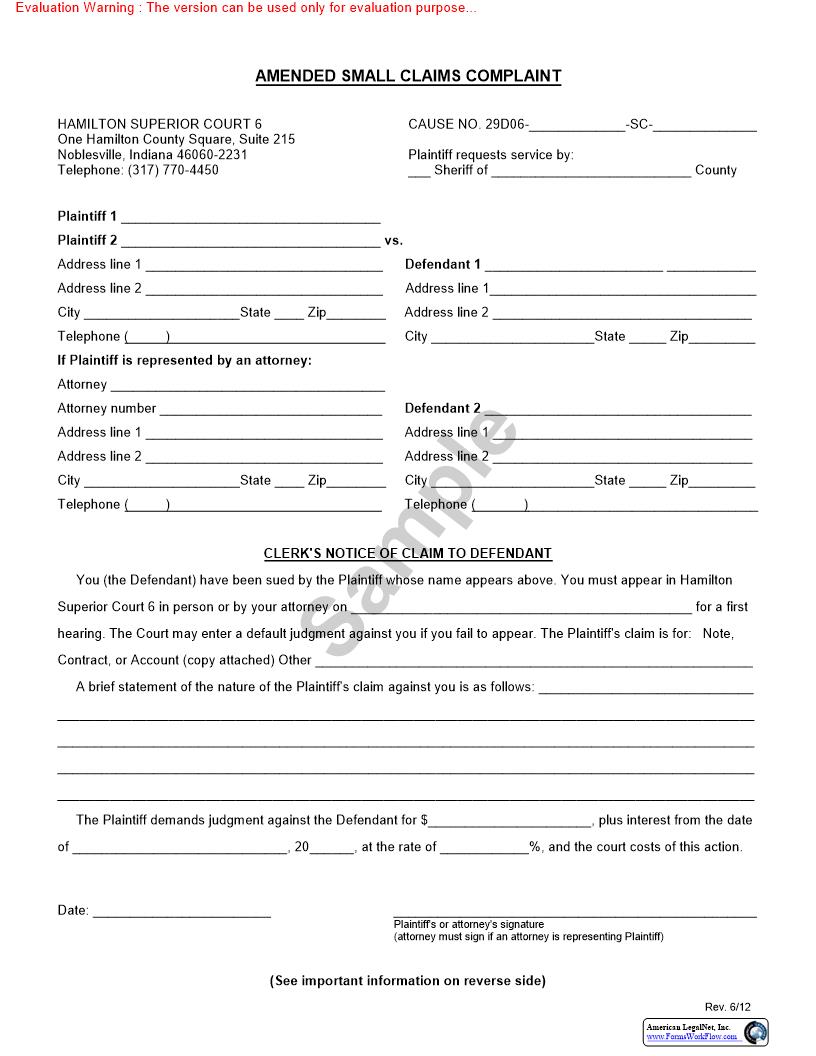 Amended Small Claims Complaint | Pdf Fpdf Doc Docx | Indiana