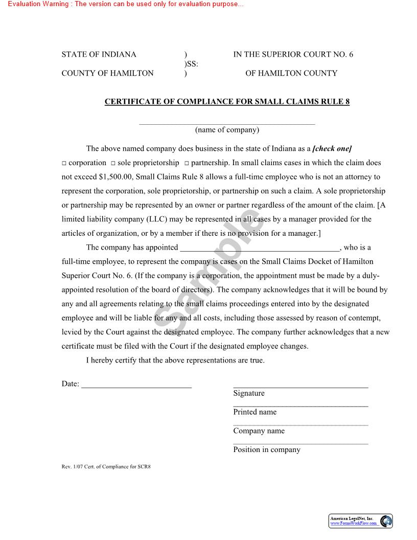 Certificate Of Compliance For Small Claims Rule 8 | Pdf Fpdf Doc Docx | Indiana