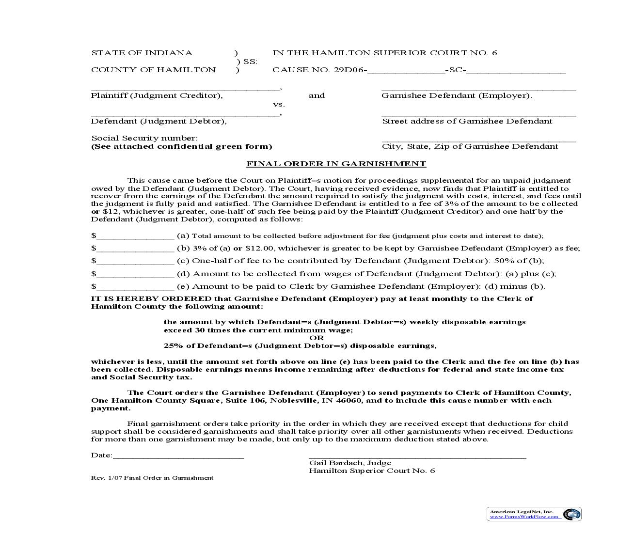 Final Order In Garnishment | Pdf Fpdf Doc Docx | Indiana