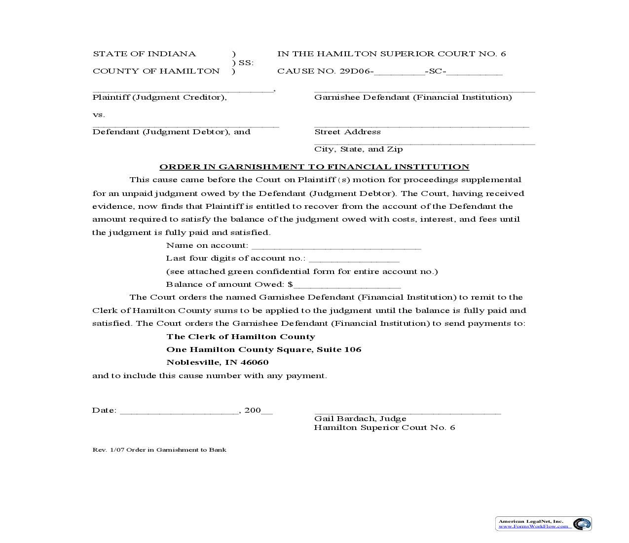 Order In Garnishment To Financial Institution | Pdf Fpdf Doc Docx | Indiana