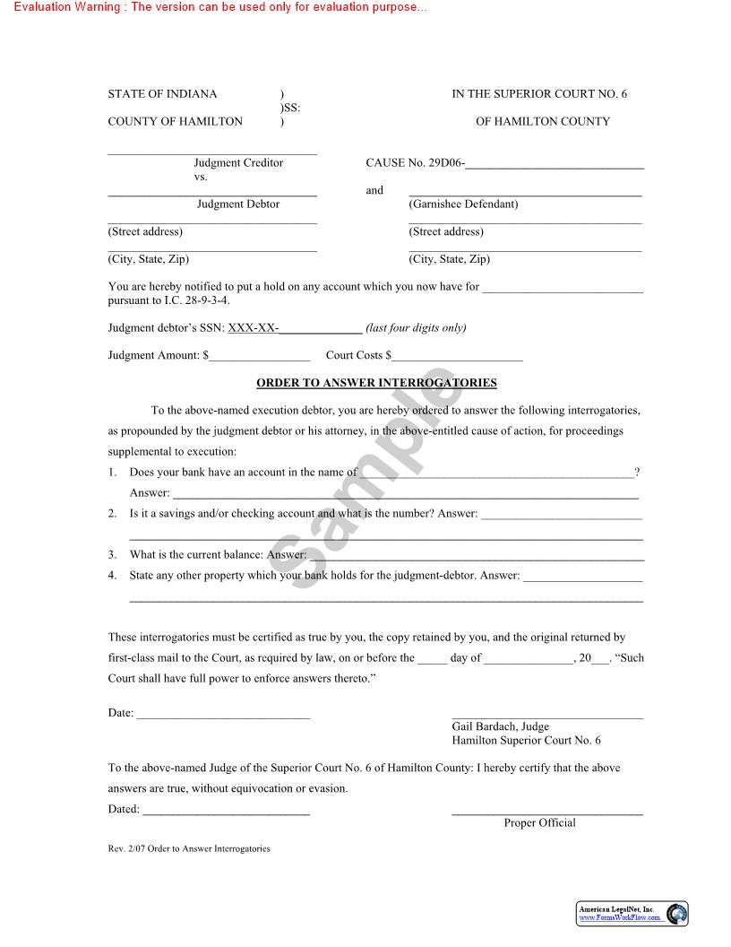 Order To Answer Interrogatories | Pdf Fpdf Doc Docx | Indiana