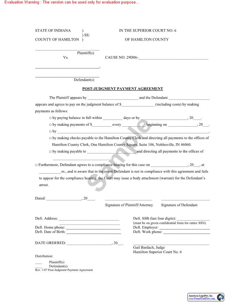 Post Judgment Payment Agreement | Pdf Fpdf Doc Docx | Indiana