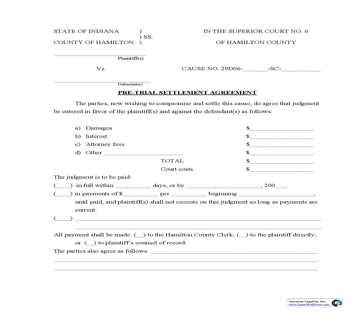 Pretrial Settlement Agreement | Pdf Fpdf Doc Docx | Indiana