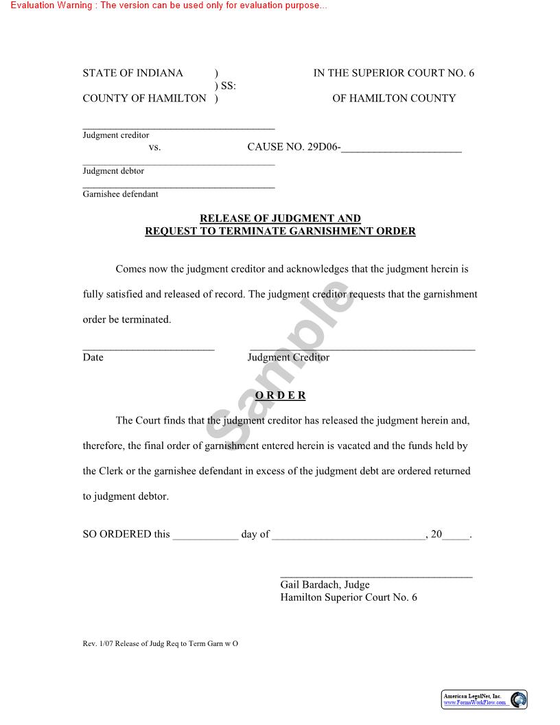 Release Of Judgment And Request To Terminate Garnishment Order | Pdf Fpdf Doc Docx | Indiana