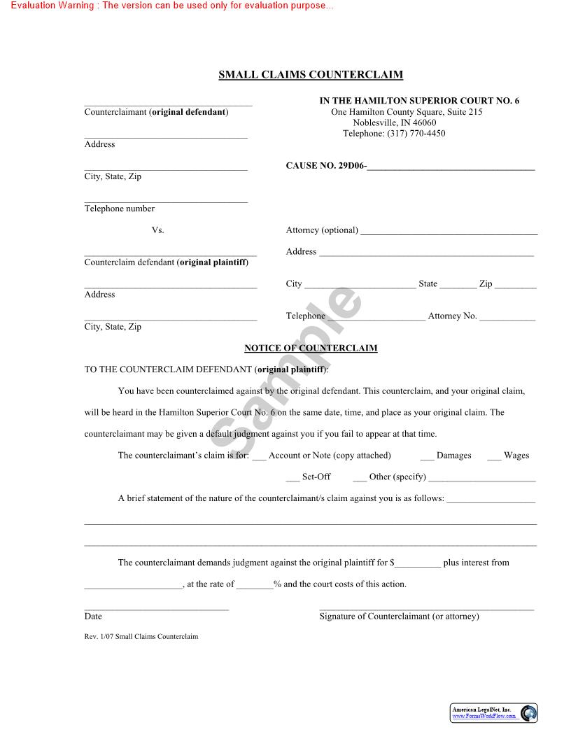 Small Claims Counterclaim | Pdf Fpdf Doc Docx | Indiana