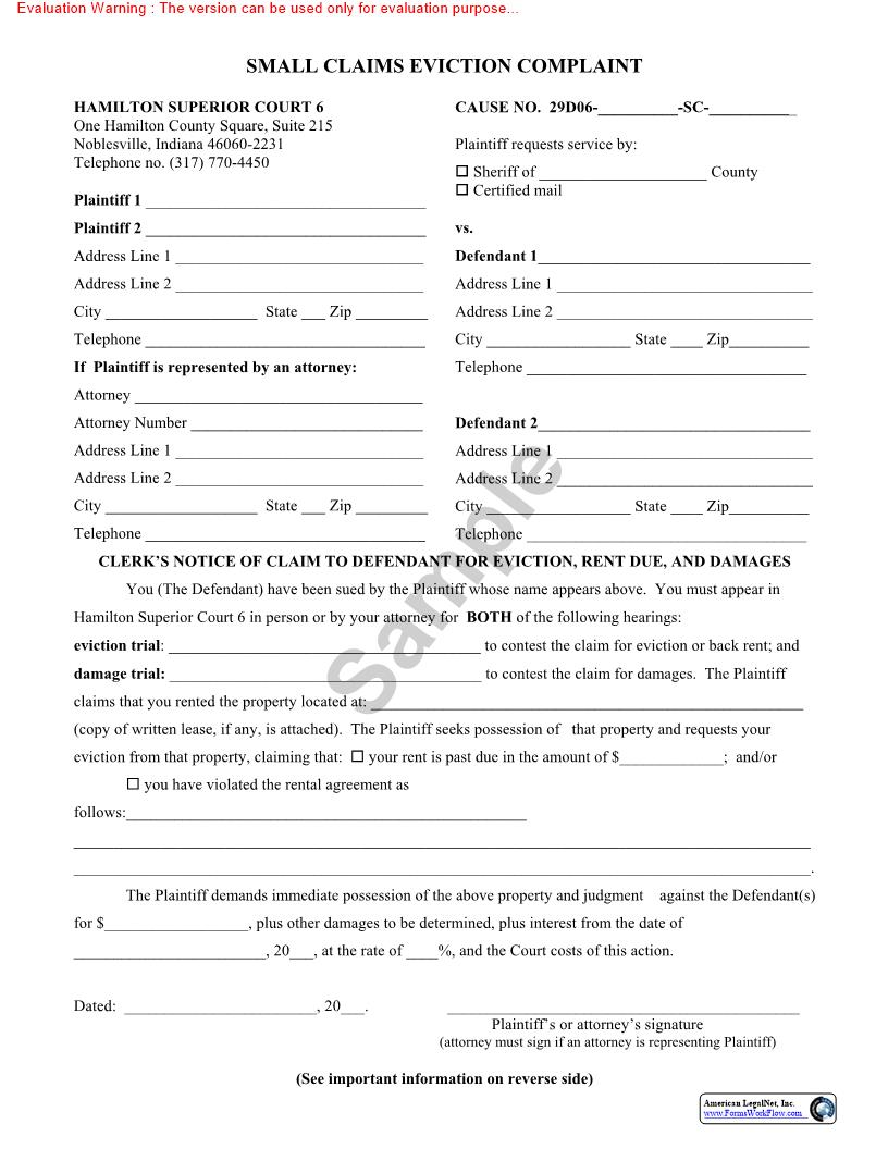 Small Claims Eviction Complaint | Pdf Fpdf Doc Docx | Indiana