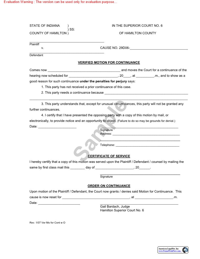 Verified Motion For Continuance | Pdf Fpdf Doc Docx | Indiana