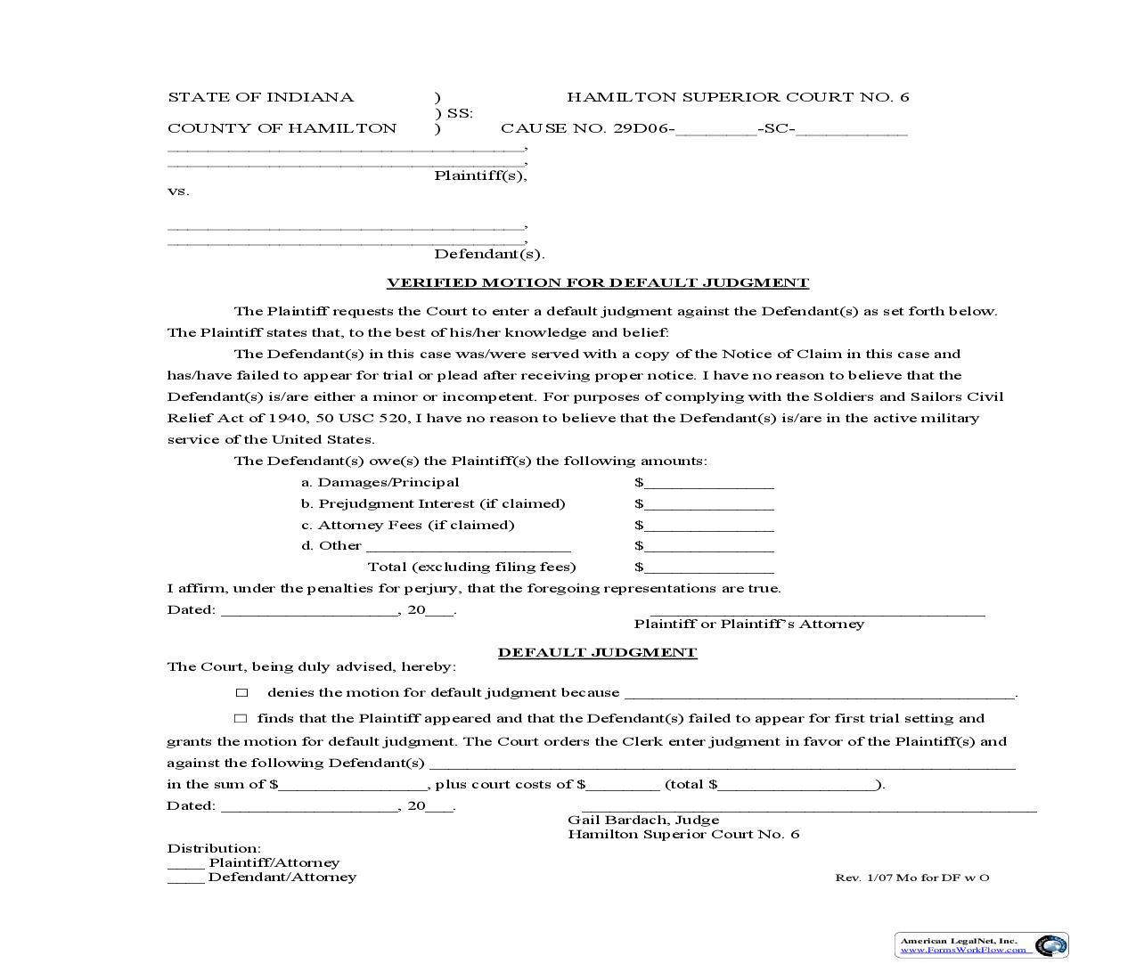 Verified Motion For Default Judgment | Pdf Fpdf Doc Docx | Indiana