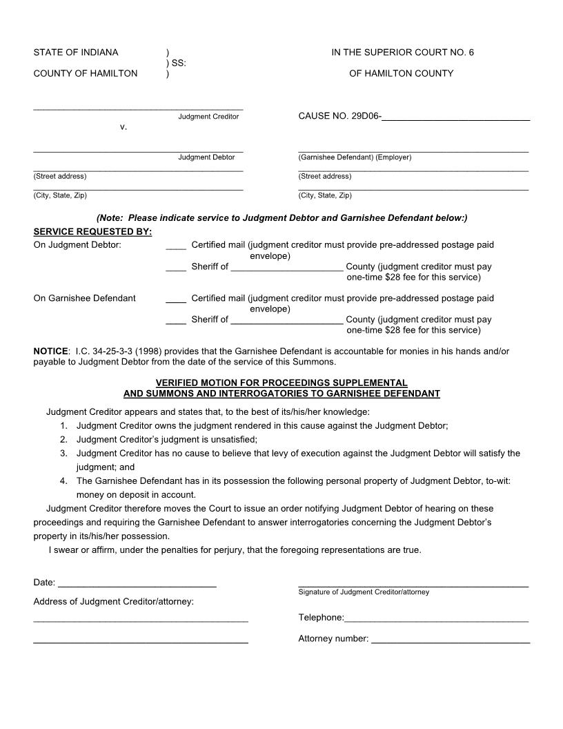 Verified Motion For Proceeding Suppl Order And Summons And Interrogatories | Pdf Fpdf Doc Docx | Indiana