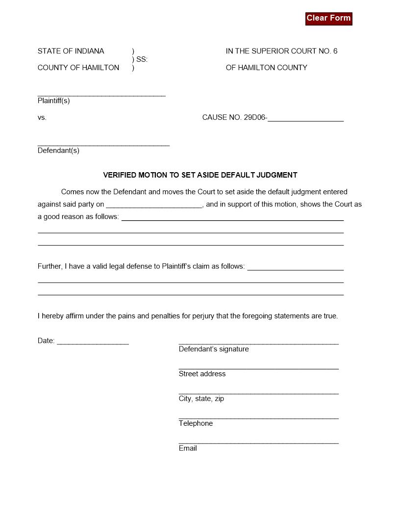 Verified Motion To Set Aside Default Judgment | Pdf Fpdf Doc Docx | Indiana