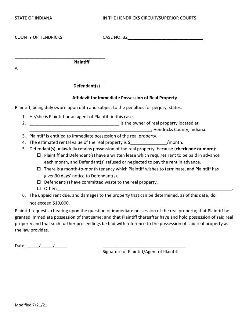 Affidavit For Immediate Possession Of Real Property | Pdf Fpdf Docx | Indiana