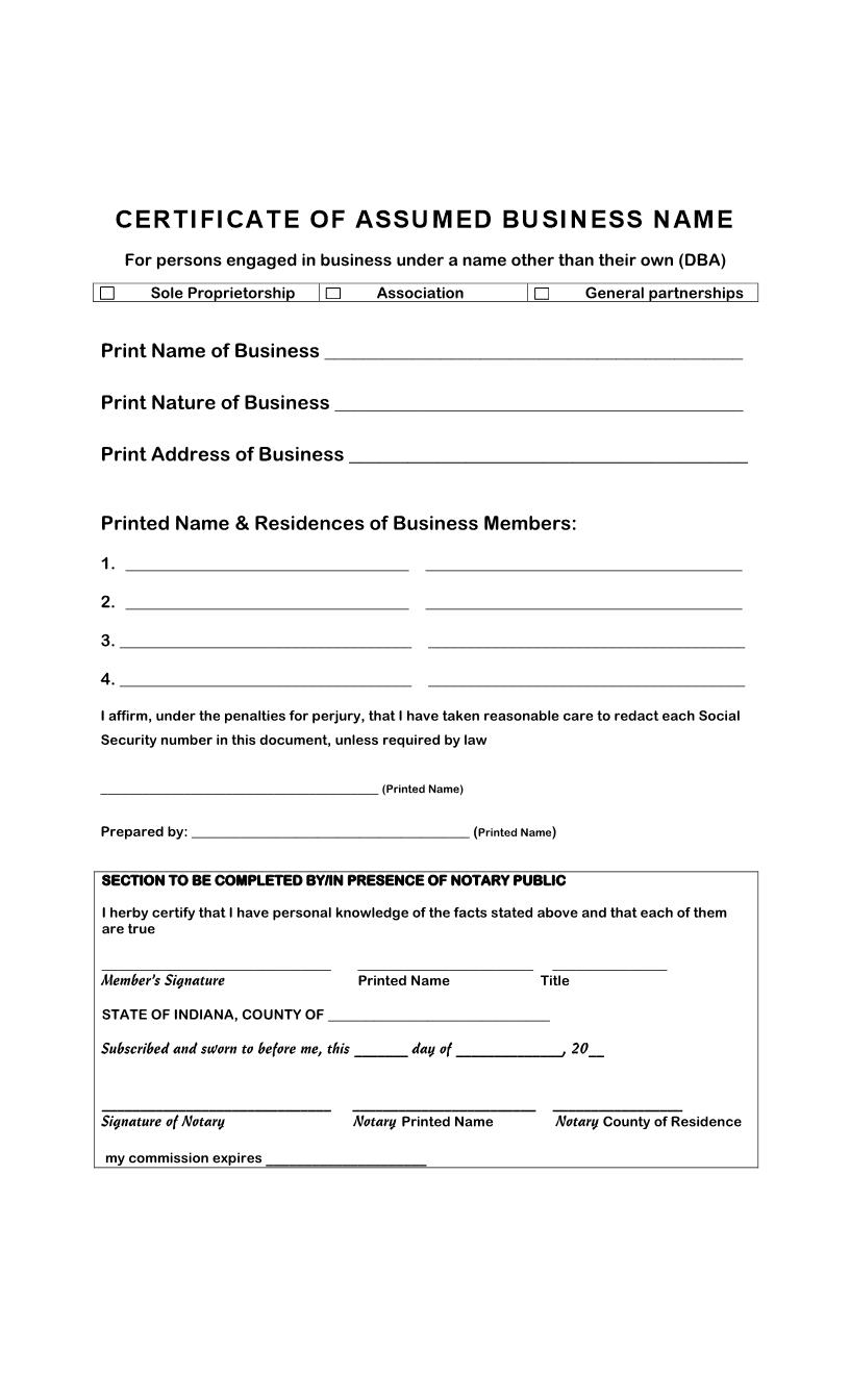 Certificate Of Assumed Business Name | Pdf Fpdf Docx | Indiana