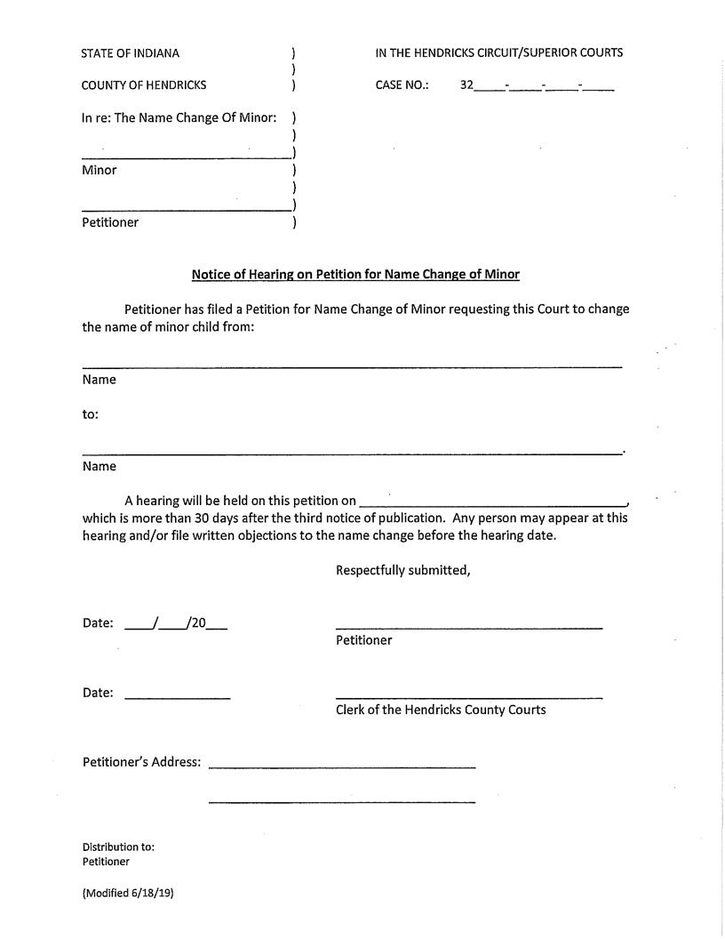 Notice Of Hearing On Petition For Name Change Of Minor | Pdf Fpdf Docx | Indiana