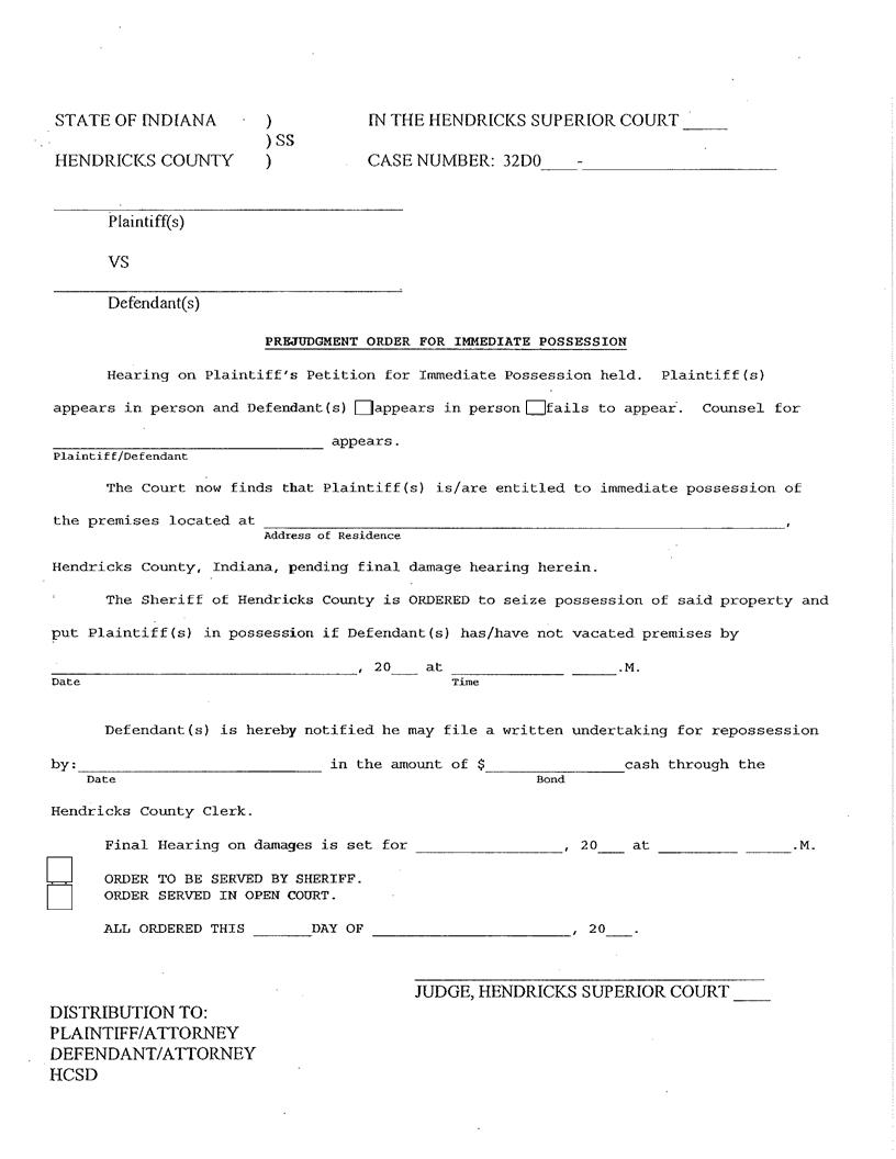 Prejudgment Order For Immediate Possession | Pdf Fpdf Docx | Indiana