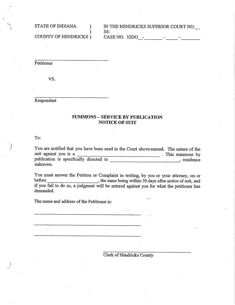 Summons - Service By Publication Notice Of Suit | Pdf Fpdf Docx | Indiana