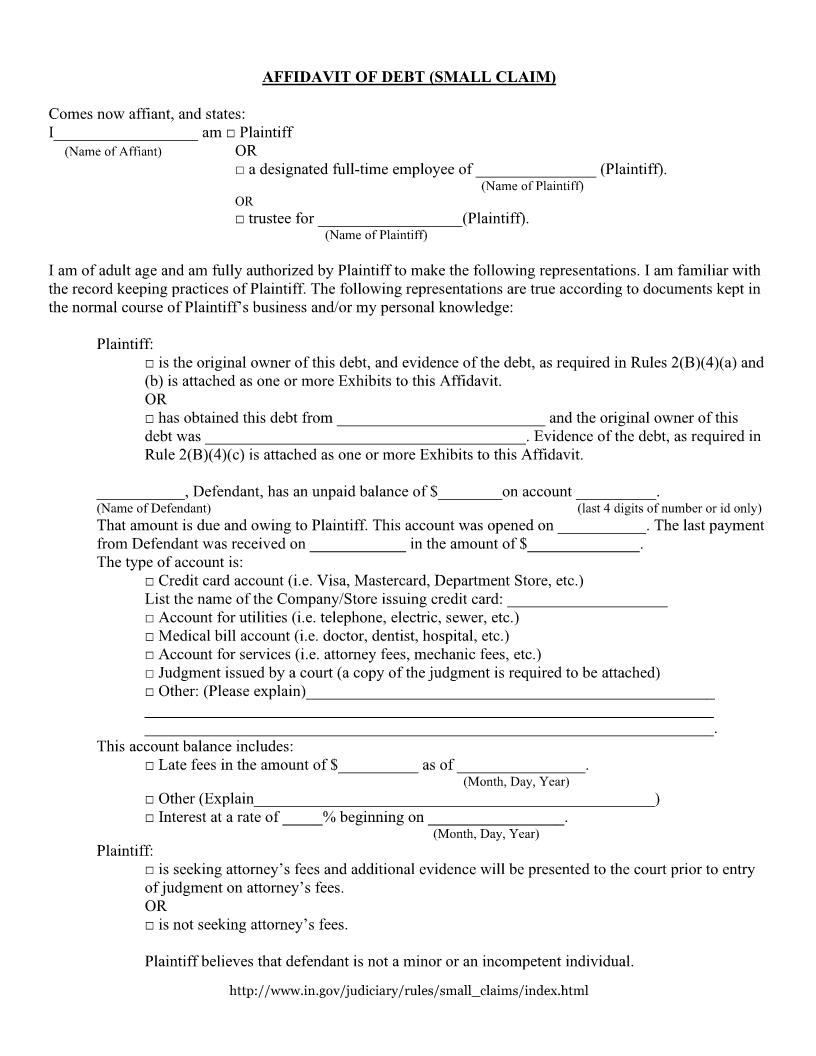 Affidavit Of Debt (Small Claim) | Pdf Fpdf Docx | Indiana