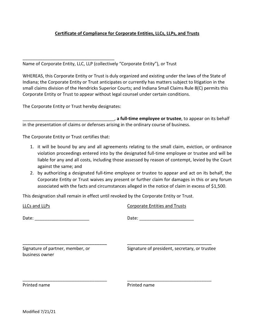 Certificate Of Compliance For Corporate Entities LLCs LLPs And Trusts | Pdf Fpdf Docx | Indiana