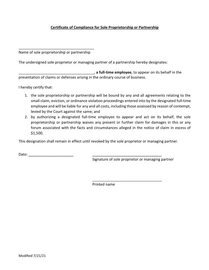 Certificate Of Compliance For Sole Proprietorship Or Partnership | Pdf Fpdf Docx | Indiana