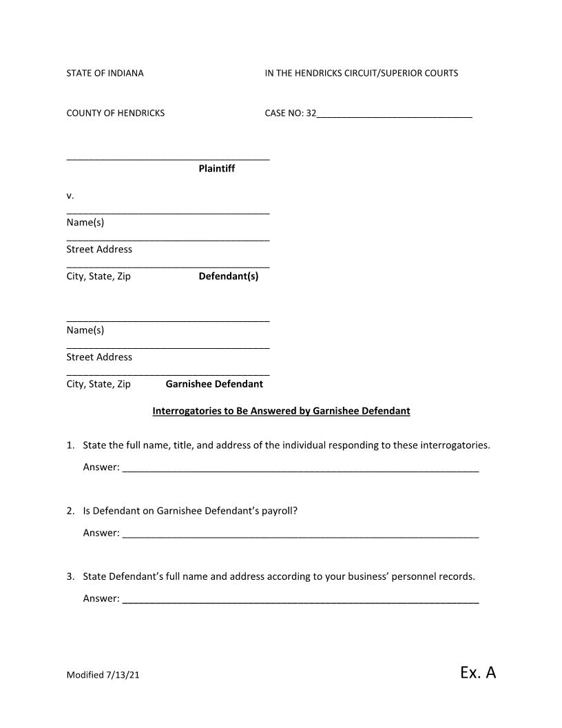 Interrogatories To Be Answered By Garnishee Defendant | Pdf Fpdf Docx | Indiana