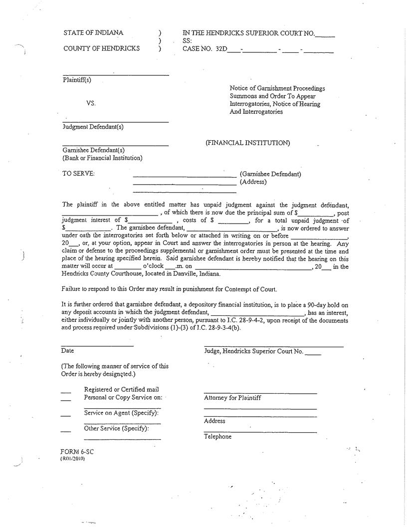 Notice Of Garnishment Proceedings Notice Of Hearing Interrogatories | Pdf Fpdf Docx | Indiana