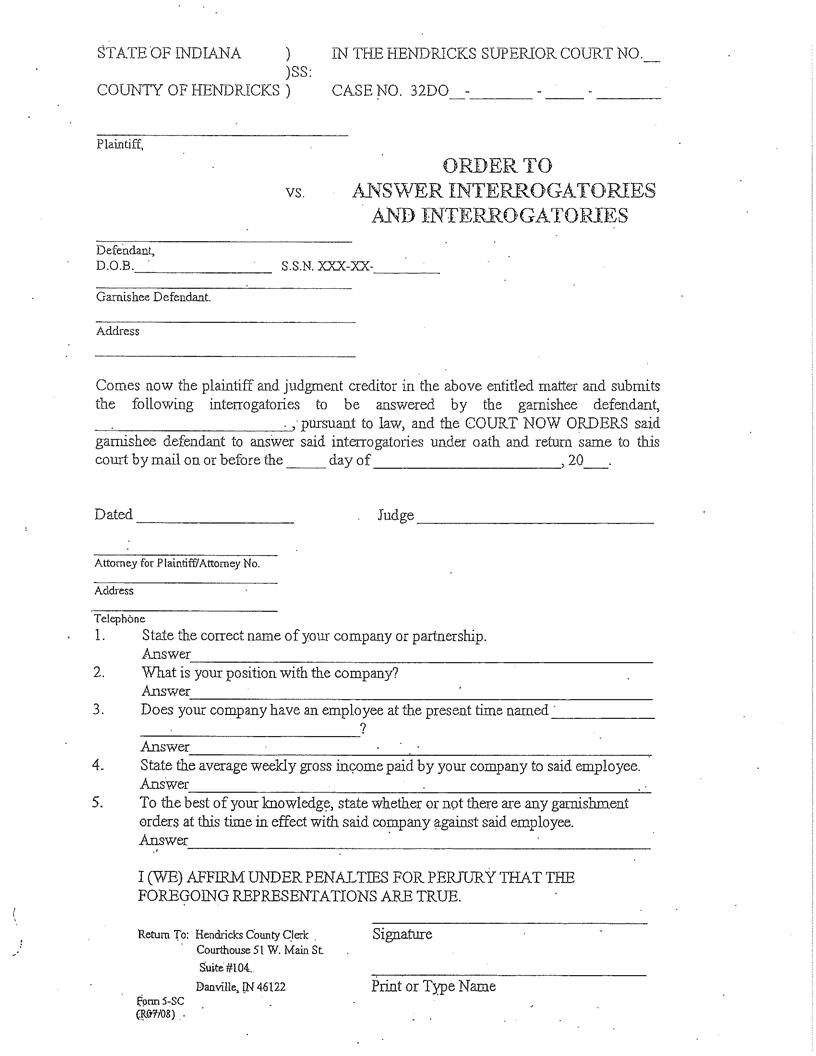 Order To Answer Interrogatories And Interrogatories | Pdf Fpdf Docx | Indiana