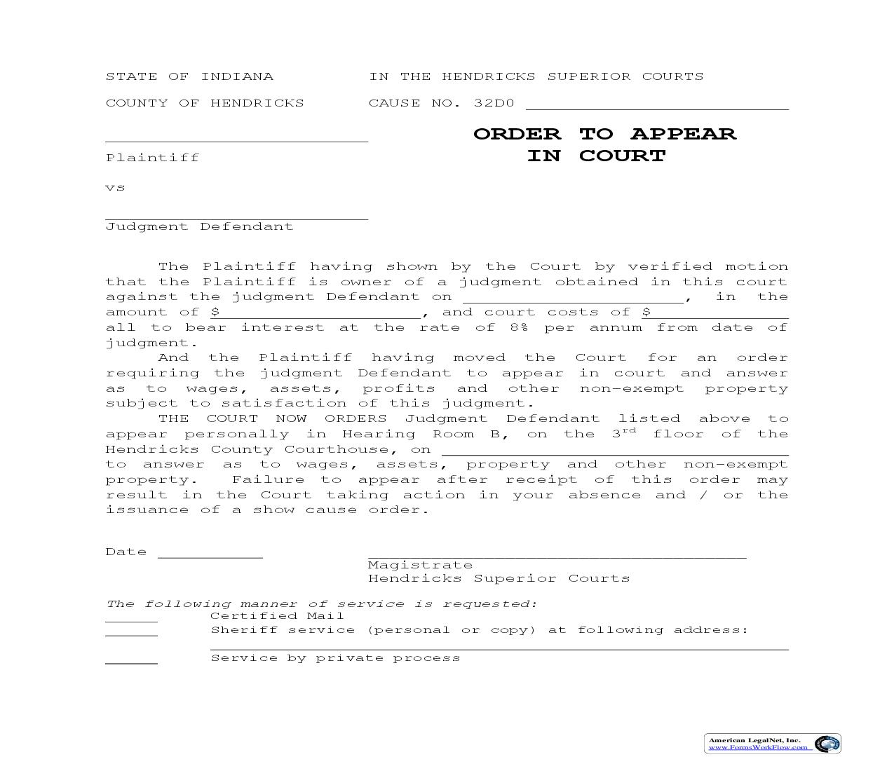 Order To Appear In Court | Pdf Fpdf Doc Docx | Indiana