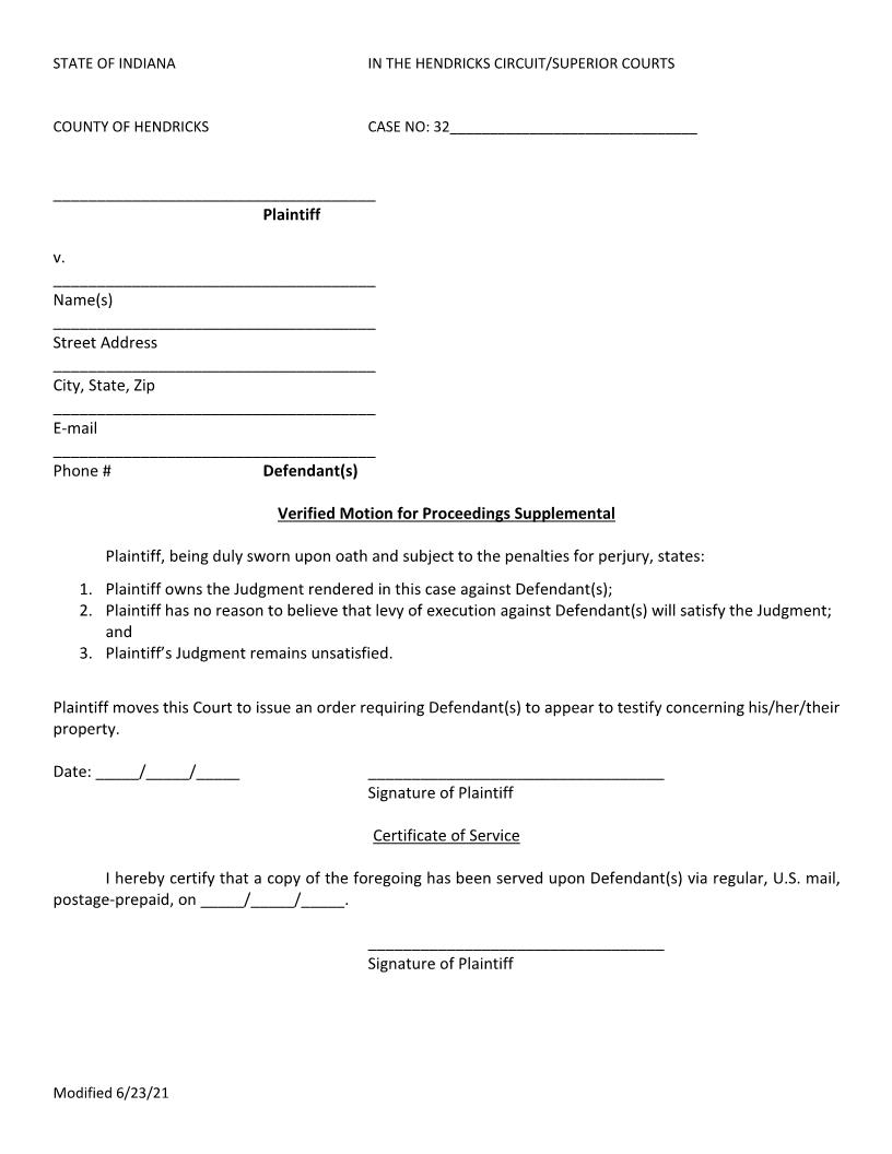 Verified Motion For Proceedings Supplemental | Pdf Fpdf Docx | Indiana