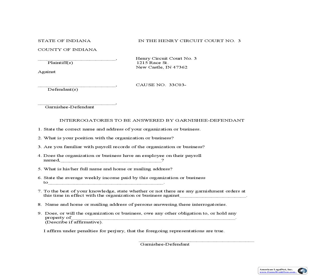 Interrogatories To Be Answered By Garnishee Defendant | Pdf Fpdf Doc Docx | Indiana
