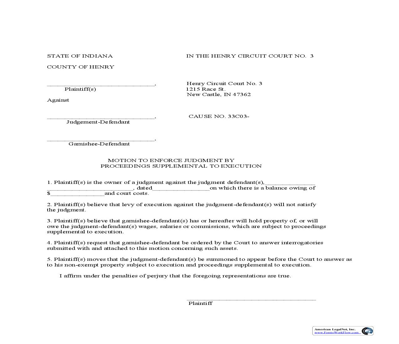 Motion To Enforce Judgment By Proceedings Supplemental To Execution | Pdf Fpdf Doc Docx | Indiana