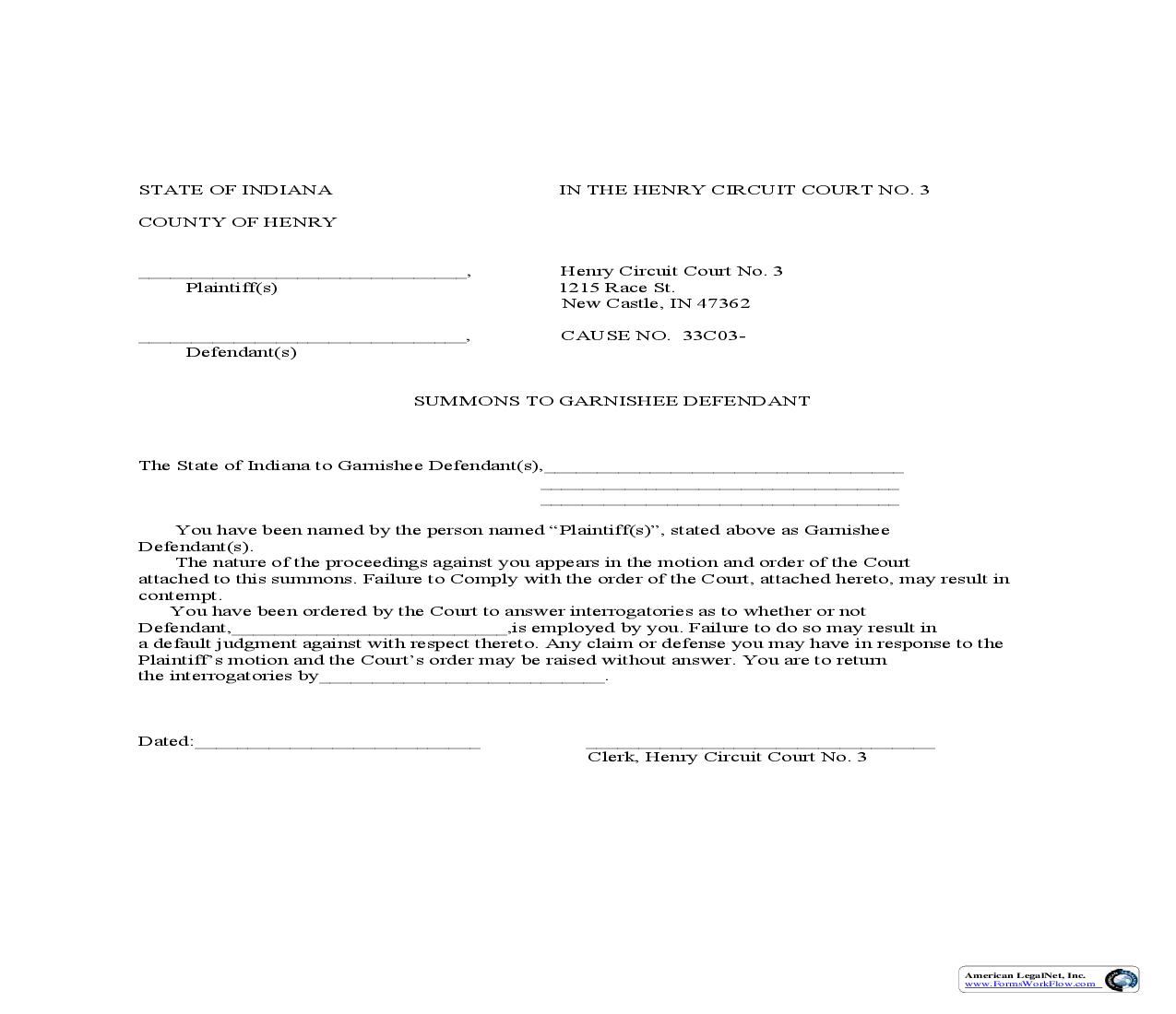 Summons To Garnishee Defendant | Pdf Fpdf Doc Docx | Indiana