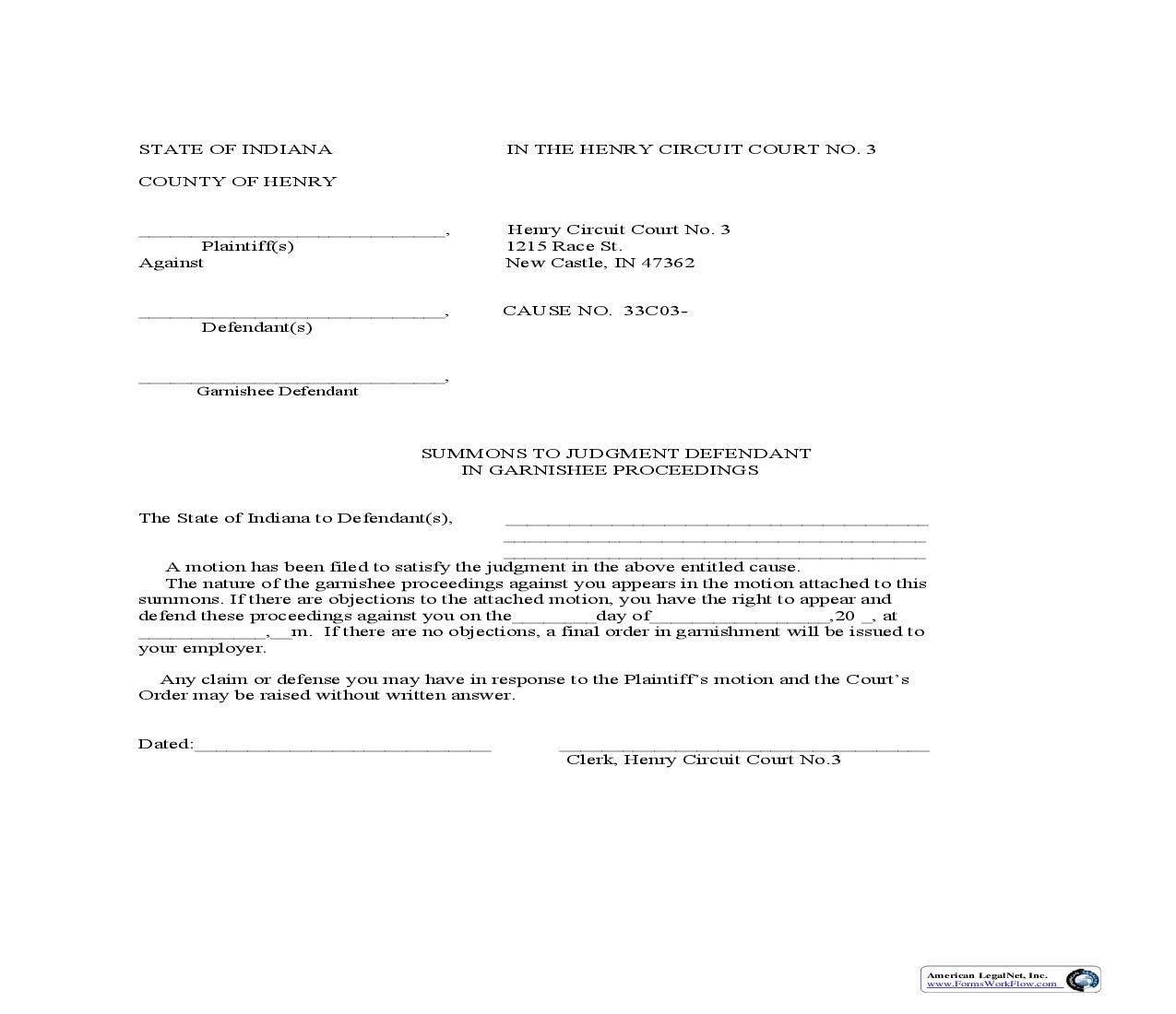 Summons To Judgment Defendant In Garnishee Proceedings | Pdf Fpdf Doc Docx | Indiana