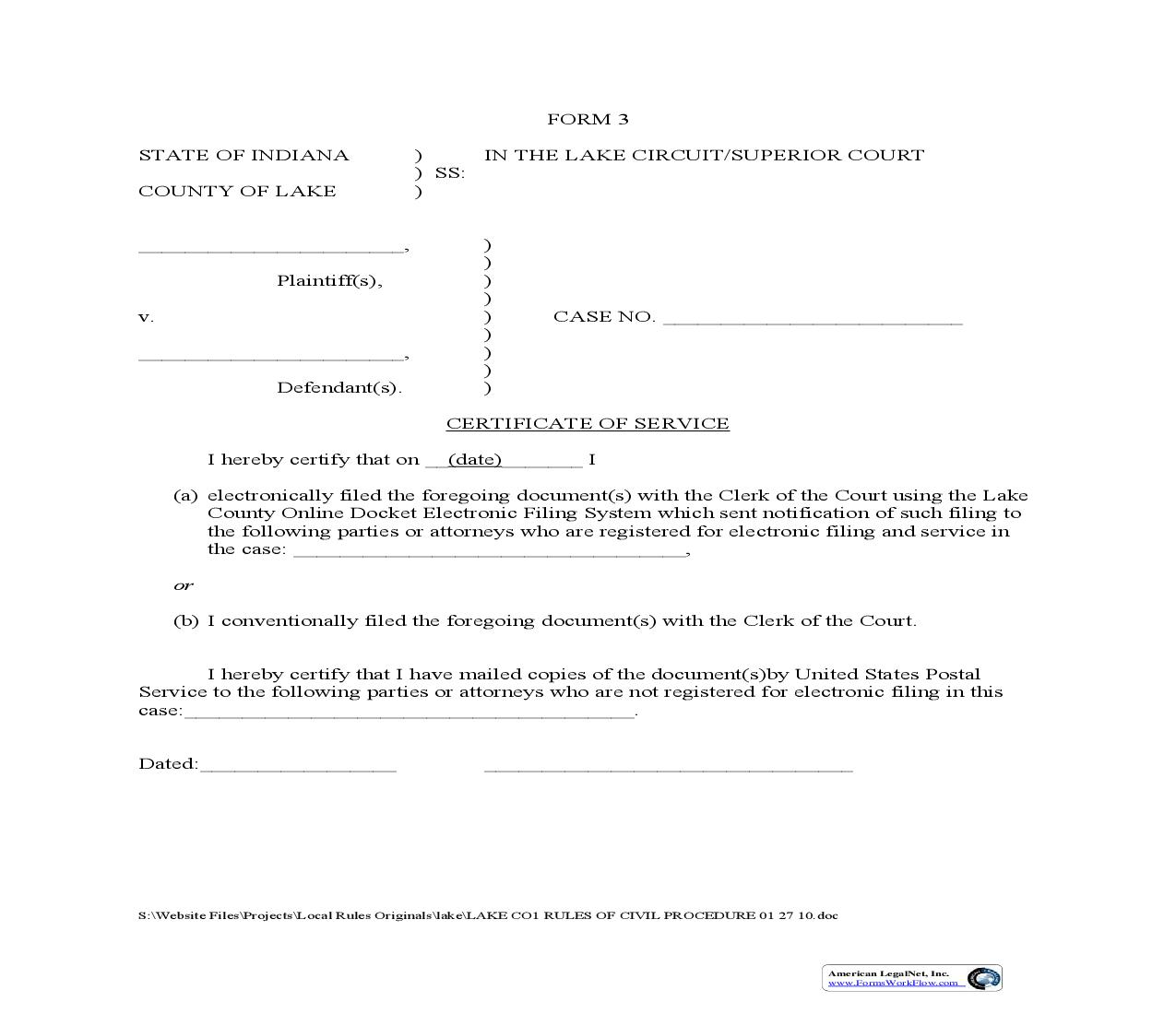 Certificate Of Service {3} | Pdf Fpdf Doc Docx | Indiana