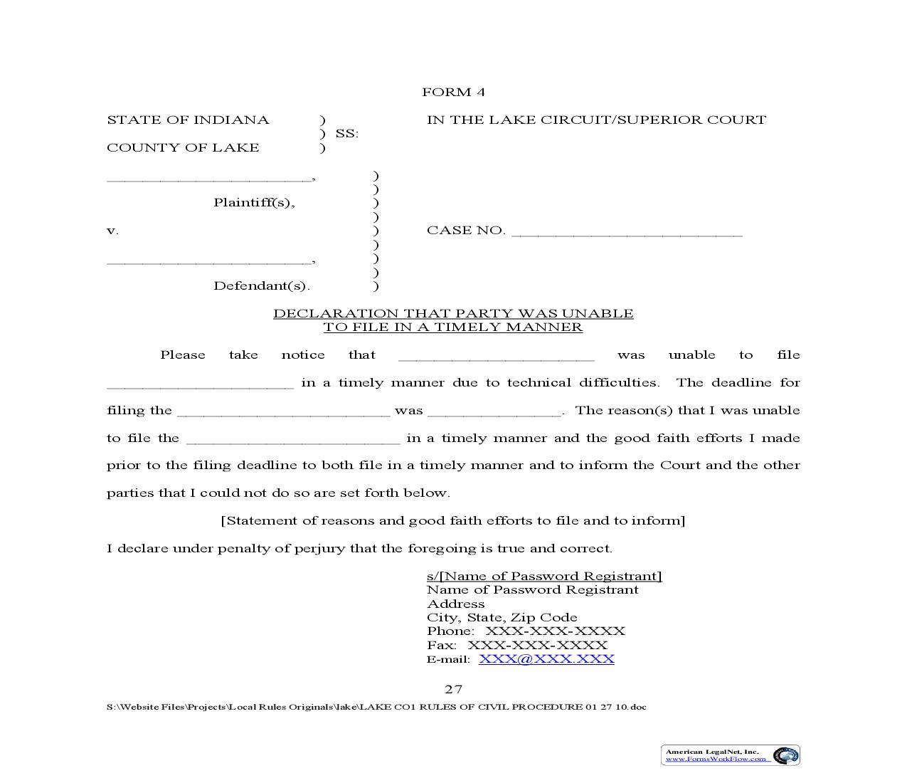 Declaration That Party Was Unable To File In A Timely Manner {4} | Pdf Fpdf Doc Docx | Indiana