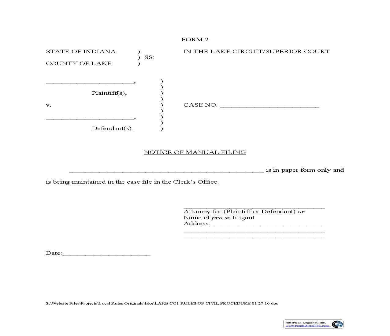 Notice Of Manual Filing {2} | Pdf Fpdf Doc Docx | Indiana