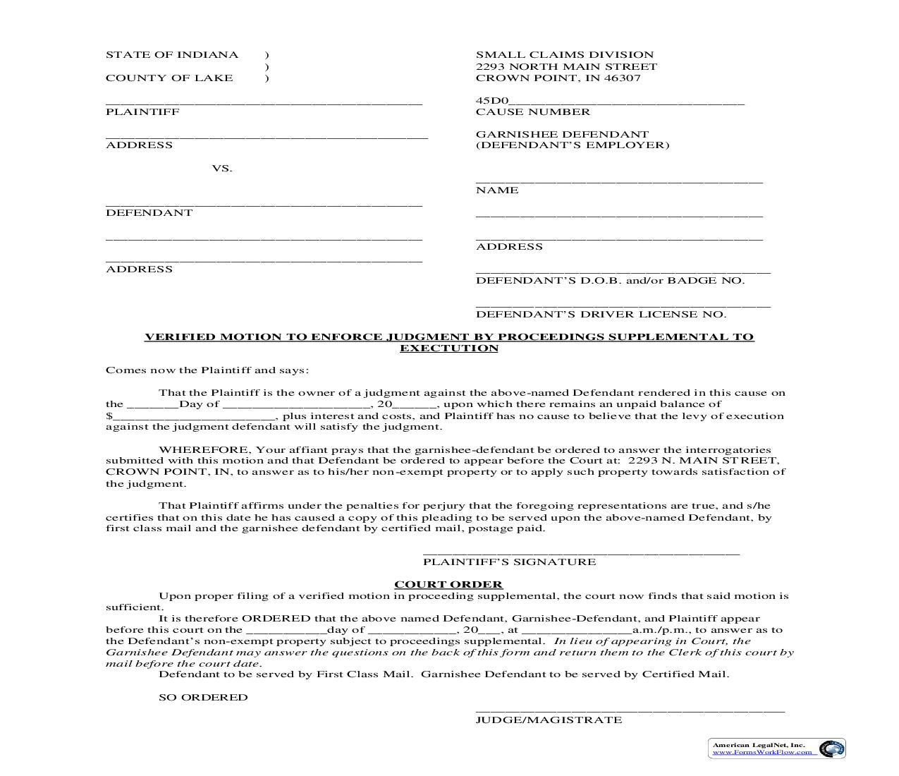 Verified Motion To Enforce Judgment By Proceedings Supplemental To Execution | Pdf Fpdf Doc Docx | Indiana