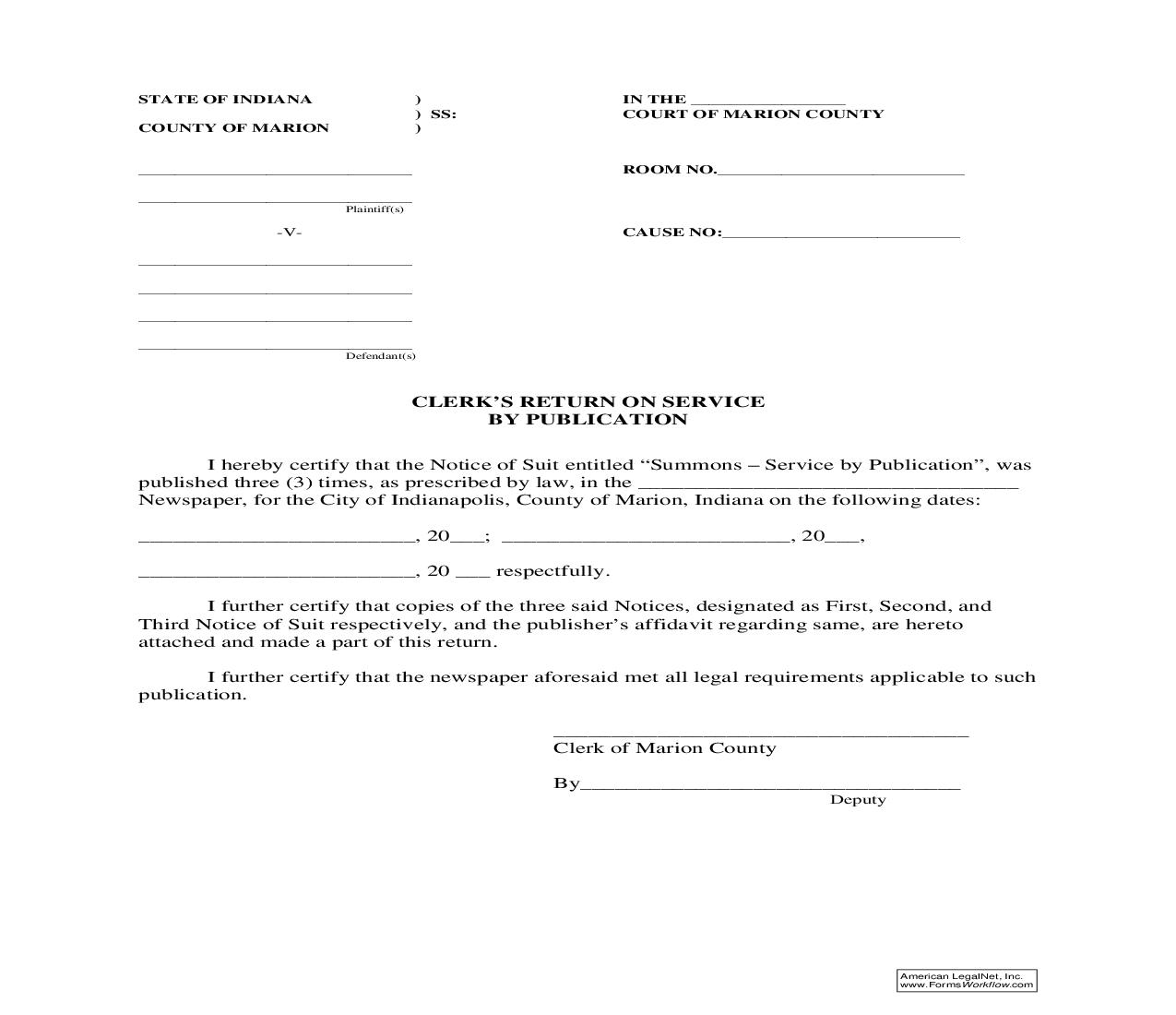 Clerks Return On Service By Publication | Pdf Fpdf Doc Docx | Indiana